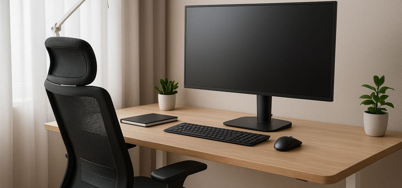 Ergonomischer Arbeitsplatz mit höhenverstellbarem Schreibtisch, Bürostuhl und Monitor