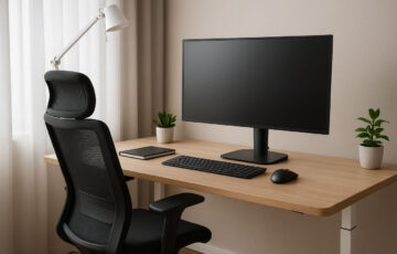 Ergonomischer Arbeitsplatz mit höhenverstellbarem Schreibtisch, Bürostuhl und Monitor