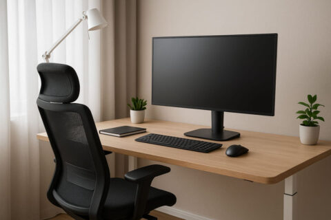 Ergonomischer Arbeitsplatz mit höhenverstellbarem Schreibtisch, Bürostuhl und Monitor
