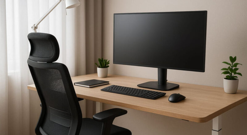 Ergonomischer Arbeitsplatz mit höhenverstellbarem Schreibtisch, Bürostuhl und Monitor