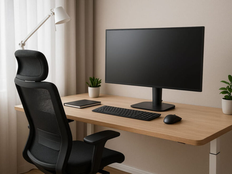 Ergonomischer Arbeitsplatz mit höhenverstellbarem Schreibtisch, Bürostuhl und Monitor