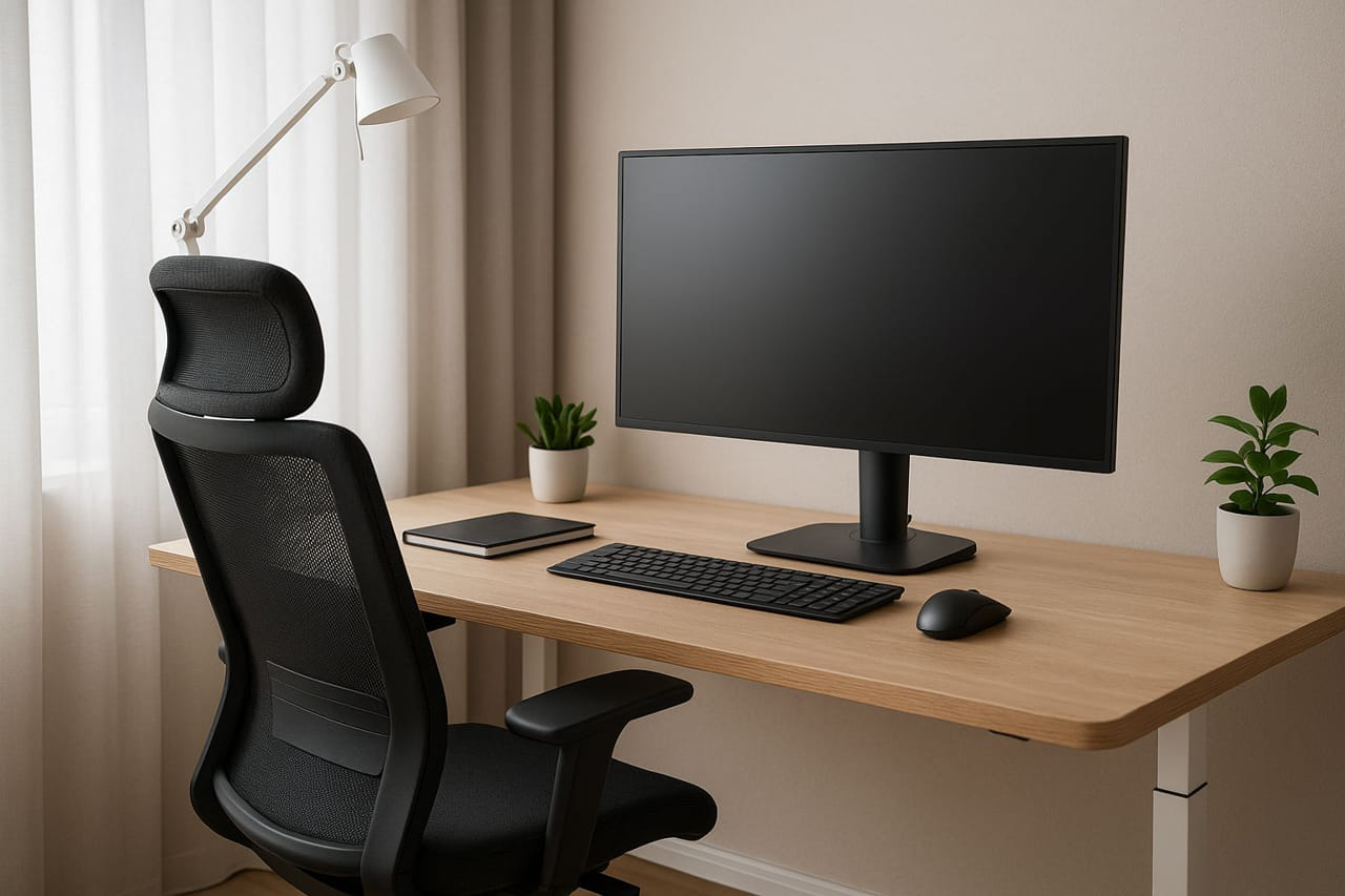 Ergonomischer Arbeitsplatz mit höhenverstellbarem Schreibtisch, Bürostuhl und Monitor