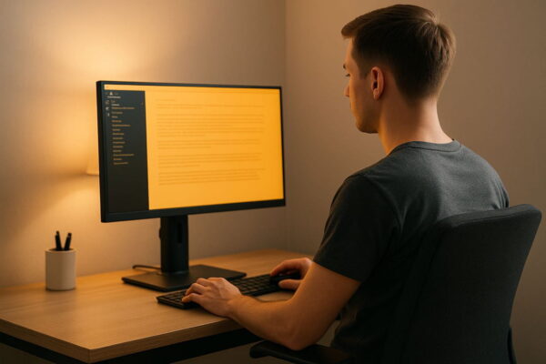 Ergonomischer Monitor für augenschonendes Arbeiten im Homeoffice Ergonomischer Monitorarbeitsplatz mit augenschonendem Setup