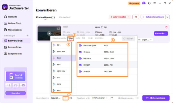 MOV-Dateien in MP4 konvertieren – Formate und Qualität wählen MOV in MP4 umwandeln – Ausgabeformat und Auflösung in UniConverter auswählen