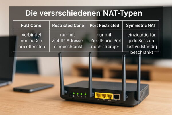 Grafik: Die vier NAT-Typen im direkten Vergleich Vergleich der verschiedenen NAT-Typen als grafische Übersicht mit Router und Heimnetzwerk im Hintergrund