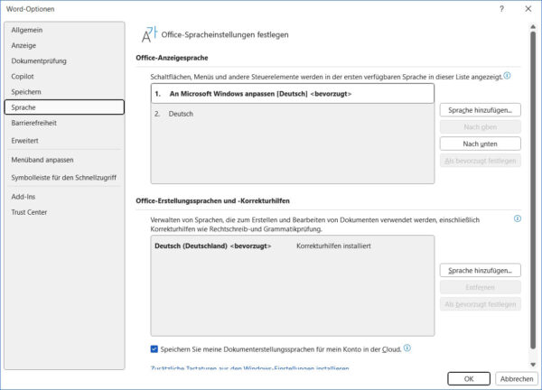 Sprachen in Word ändern – Anzeige- und Korrektursprache festlegen Word Sprache ändern – Screenshot der Spracheinstellungen in Microsoft Word