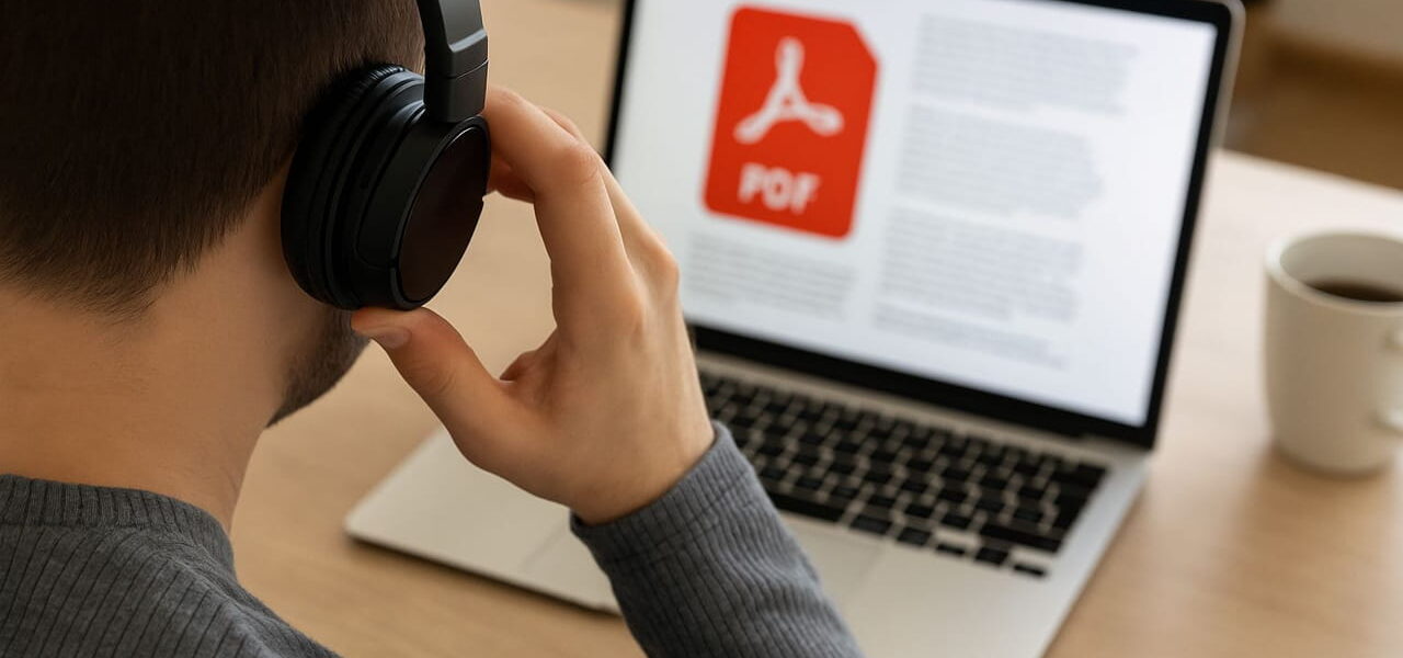 Person hört sich ein PDF am Laptop an – PDF vorlesen lassen mit Kopfhörern