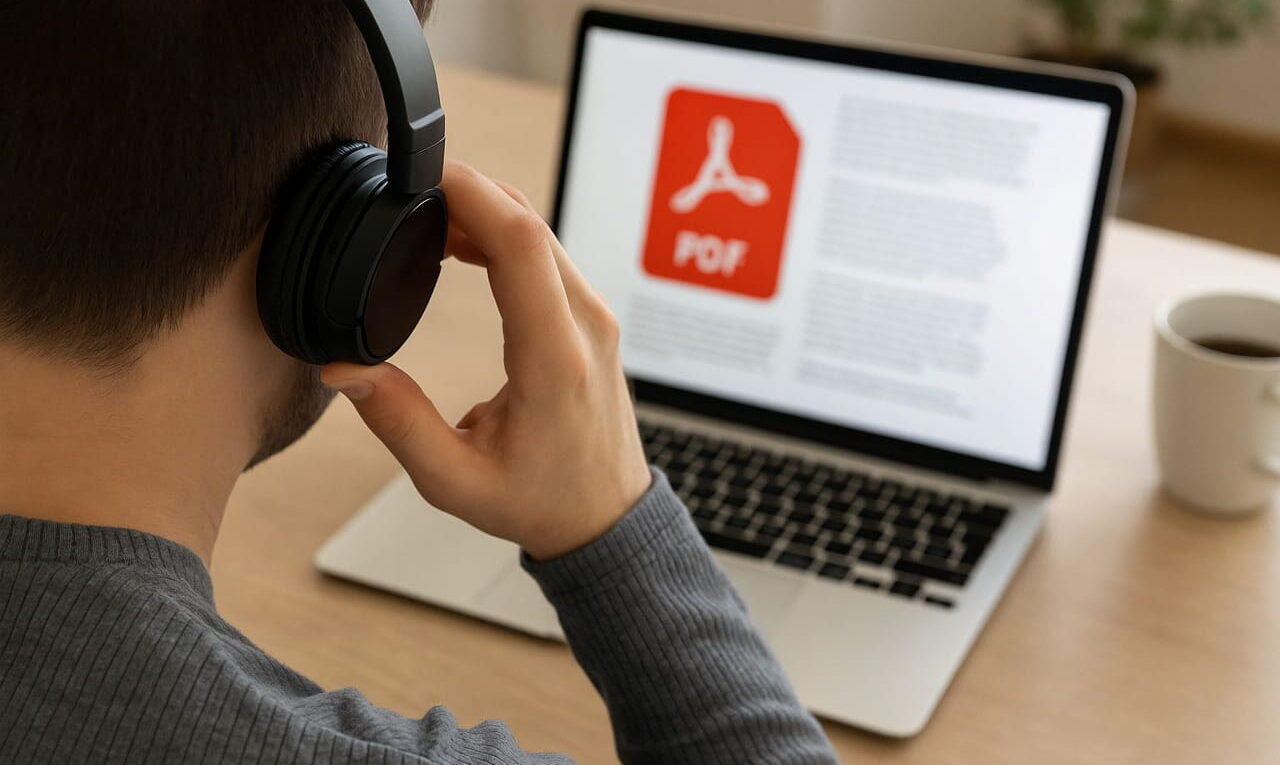 Person hört sich ein PDF am Laptop an – PDF vorlesen lassen mit Kopfhörern