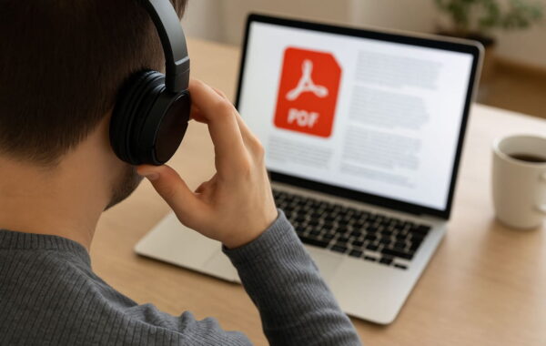 pdf vorlesen lassen einstieg Person hört sich ein PDF am Laptop an – PDF vorlesen lassen mit Kopfhörern