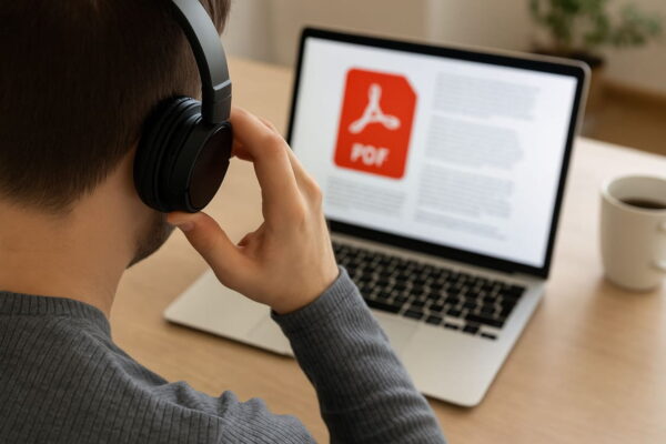 PDF vorlesen lassen – entspannt zuhören am Laptop Person hört sich ein PDF am Laptop an – PDF vorlesen lassen mit Kopfhörern