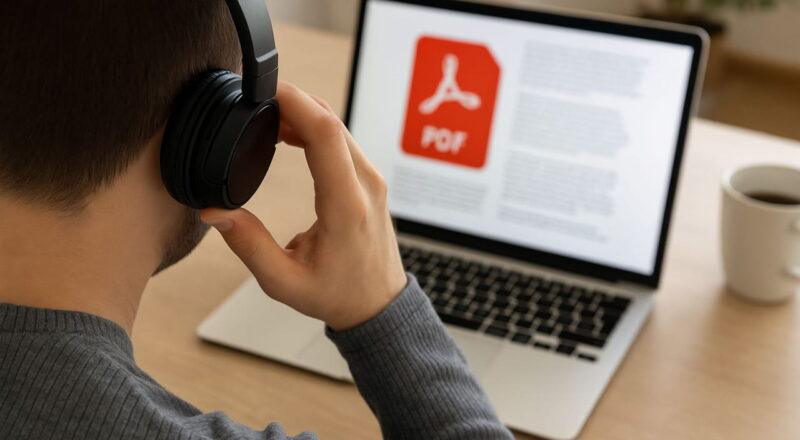 Person hört sich ein PDF am Laptop an – PDF vorlesen lassen mit Kopfhörern