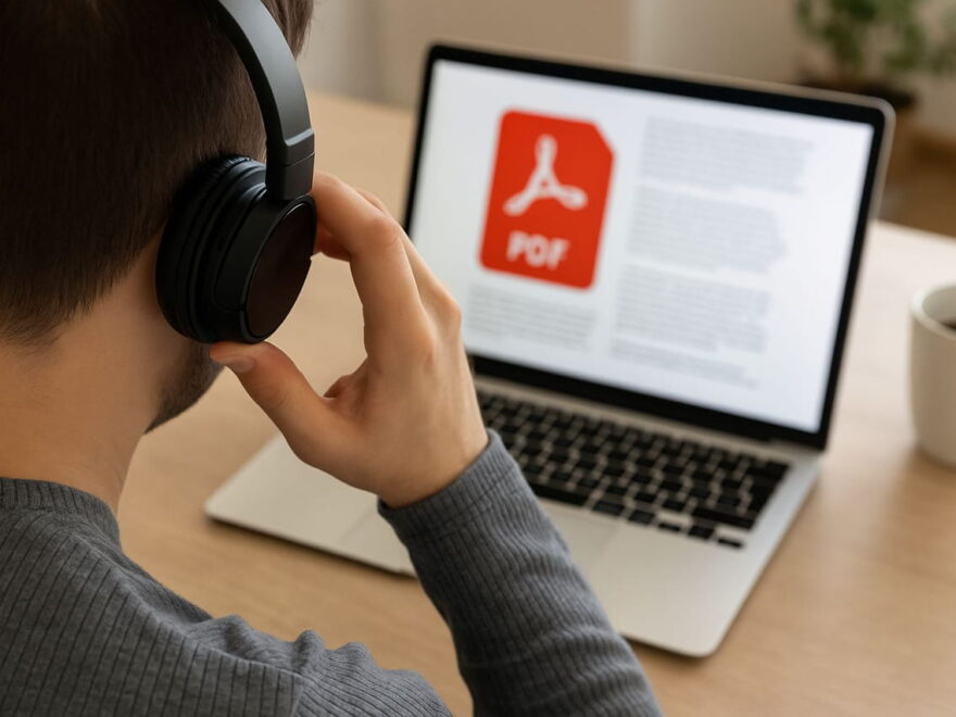 Person hört sich ein PDF am Laptop an – PDF vorlesen lassen mit Kopfhörern