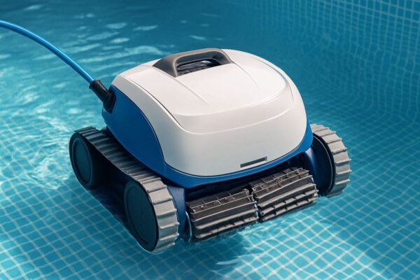 Poolroboter im Einsatz – automatische Poolreinigung leicht gemacht Poolroboter reinigt automatisch den Beckenboden eines Pools