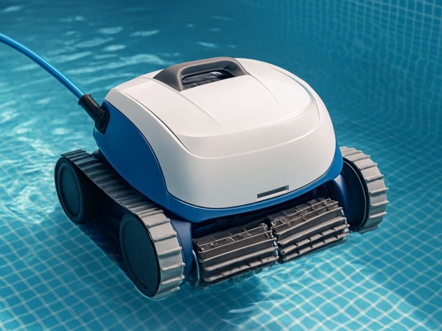 Poolroboter reinigt automatisch den Beckenboden eines Pools