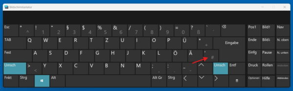 Raute-Zeichen über die Bildschirmtastatur eingeben Windows-Bildschirmtastatur mit markierter Raute-Taste