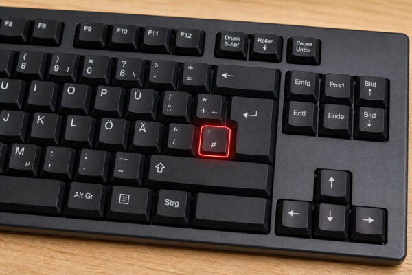 Raute-Taste auf deutscher Tastatur finden Deutsche Tastatur mit markierter Raute-Taste rechts neben der Ä-Taste