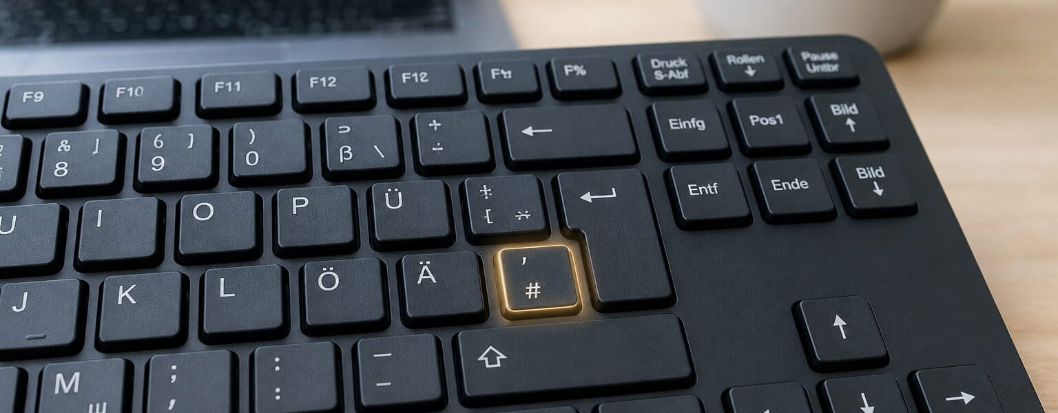 Deutsche Tastatur mit hervorgehobener Raute-Taste für die Eingabe des Raute-Zeichens #