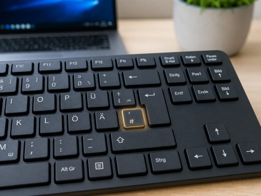 Deutsche Tastatur mit hervorgehobener Raute-Taste für die Eingabe des Raute-Zeichens #