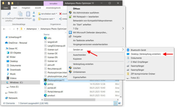 Windows Screenshot: Desktop Verknüpfung erstellen per Rechtsklick Rechtsklick-Menü mit Option „Desktop Verknüpfung erstellen“ in Windows