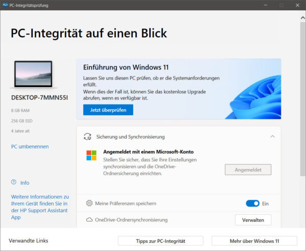 PC-Integritätsprüfung: Prüfen, ob dein PC für Windows 11 geeignet ist Screenshot der PC-Integritätsprüfung unter Windows 10 zur Vorbereitung auf das Windows 11 Upgrade