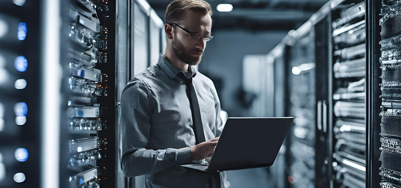IT-Experte analysiert separate Softwarelösungen im Serverraum
