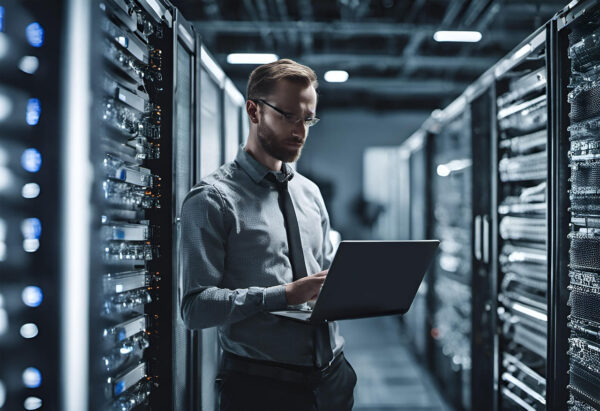 Separate Softwarelösungen im Unternehmenseinsatz verstehen IT-Experte analysiert separate Softwarelösungen im Serverraum