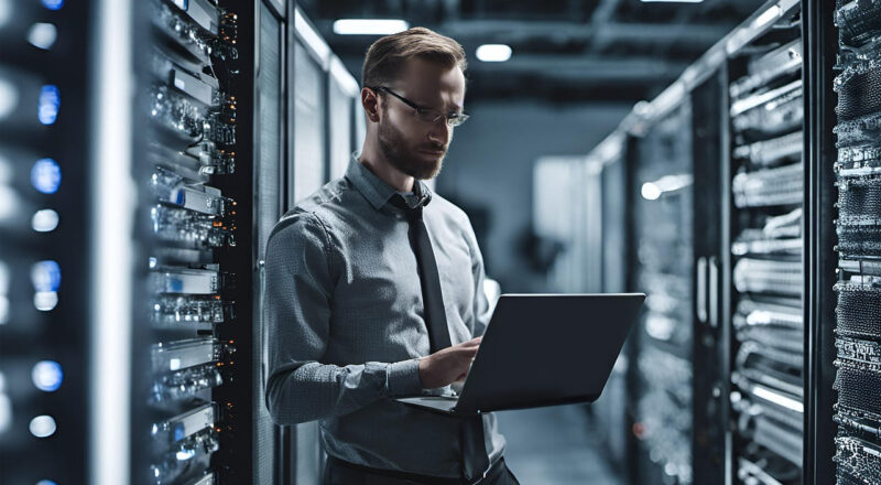IT-Experte analysiert separate Softwarelösungen im Serverraum