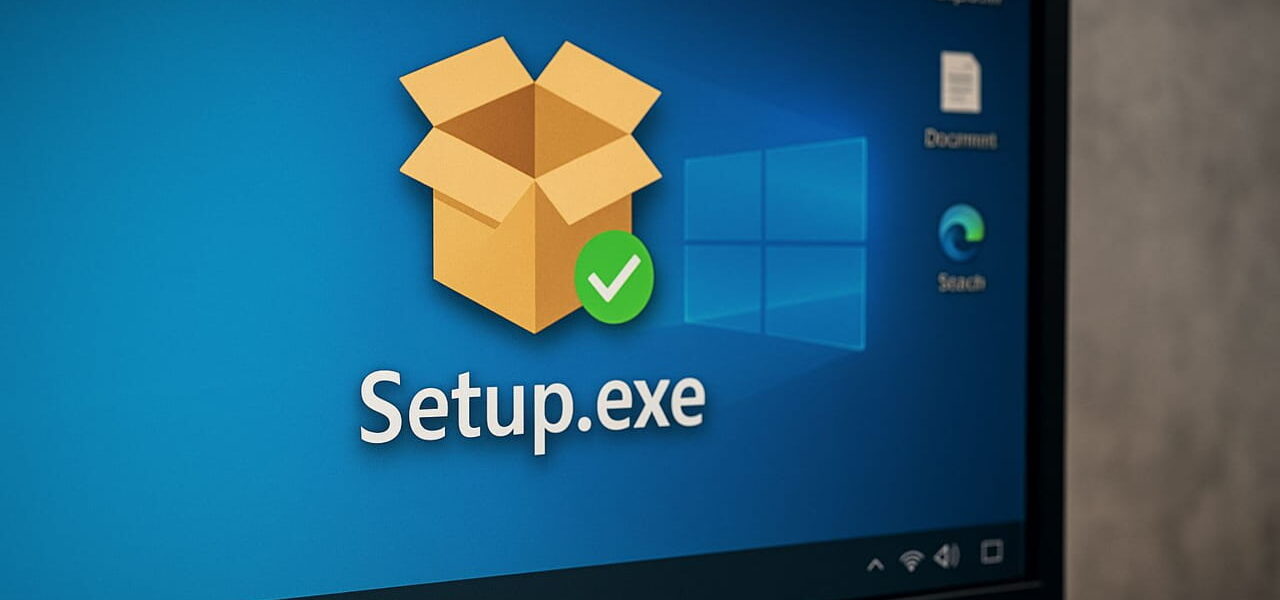 Windows-Desktop mit Setup.exe-Symbol und Installationssymbol