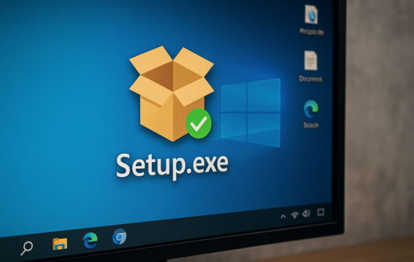 Windows-Desktop mit Setup.exe-Symbol und Installationssymbol