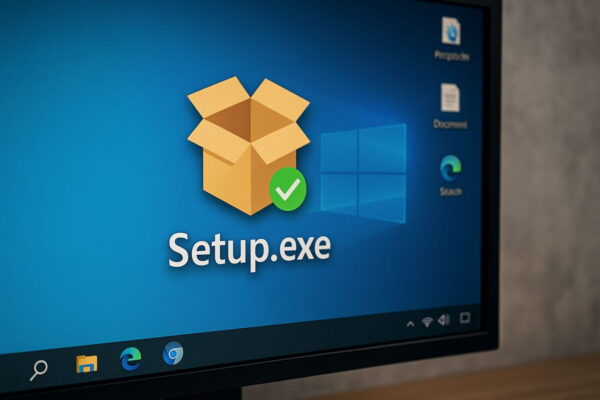 Setup.exe auf dem Windows-Desktop – Symbol für Programminstallation Windows-Desktop mit Setup.exe-Symbol und Installationssymbol