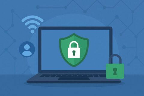 Sicher streamen: Laptop mit Schutzsymbol für sichere Verbindung