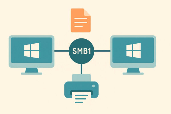 Darstellung von SMB1 als Netzwerkprotokoll zwischen Windows-Systemen SMB1 Netzwerkprotokoll zwischen zwei Windows-PCs schematisch dargestellt