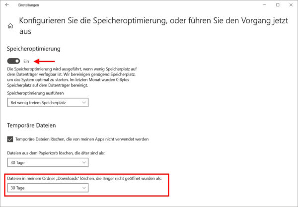 Speicheroptimierung aktiv: Windows löscht alte Downloads nach 30 Tagen Speicheroptimierung in Windows aktivieren, um alte Downloads automatisch löschen zu lassen