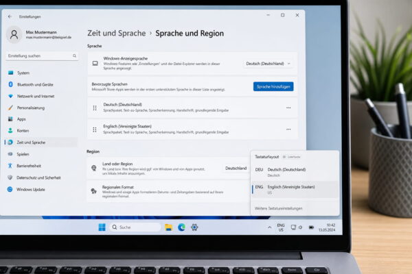 Raute-Taste funktioniert nicht durch falsches Tastaturlayout Windows 11 mit geöffnetem Tastaturlayout und EN- statt DE-Einstellung als Ursache für Probleme mit der Raute-Taste