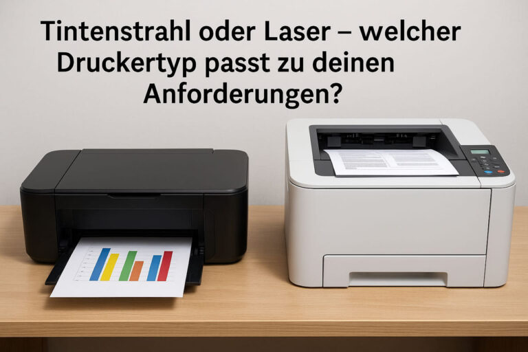 Tintenstrahldrucker und Laserdrucker im Vergleich auf einem Schreibtisch – welcher Druckertyp eignet sich für das Drucken zu Hause?