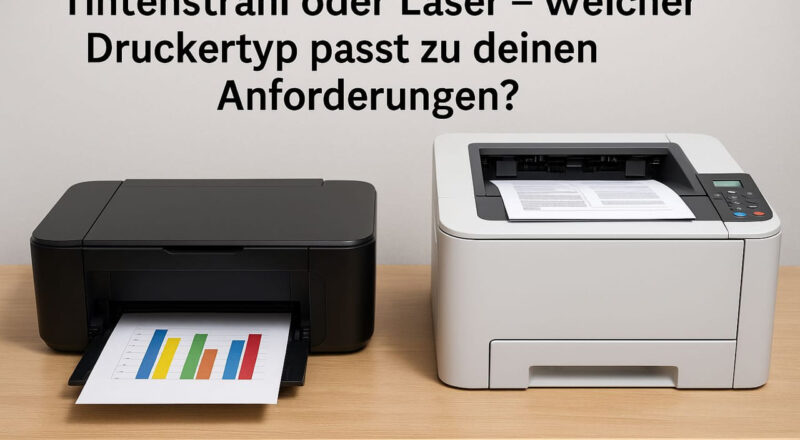 Tintenstrahldrucker und Laserdrucker im Vergleich auf einem Schreibtisch – welcher Druckertyp eignet sich für das Drucken zu Hause?