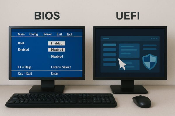 Symbolischer Vergleich von UEFI vs. BIOS mit typischen Unterschieden bei Oberfläche und Funktionen