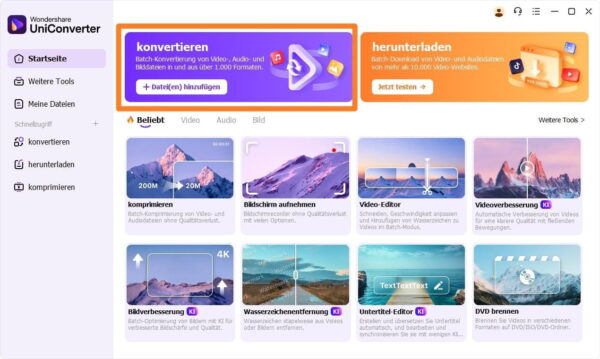 Wondershare UniConverter – MOV in MP4 und mehr konvertieren Startseite von Wondershare UniConverter mit Optionen zur MOV in MP4 Konvertierung