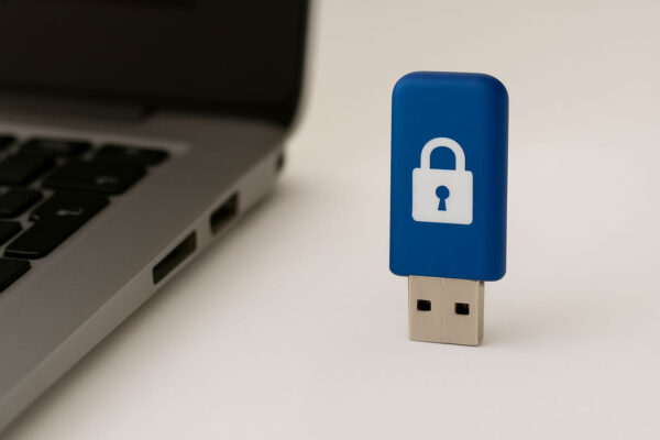 USB-Stick mit Verschlüsselung – so schützt du deine Daten Blauer USB-Stick mit Schloss-Symbol neben Laptop zur Darstellung von Datensicherheit