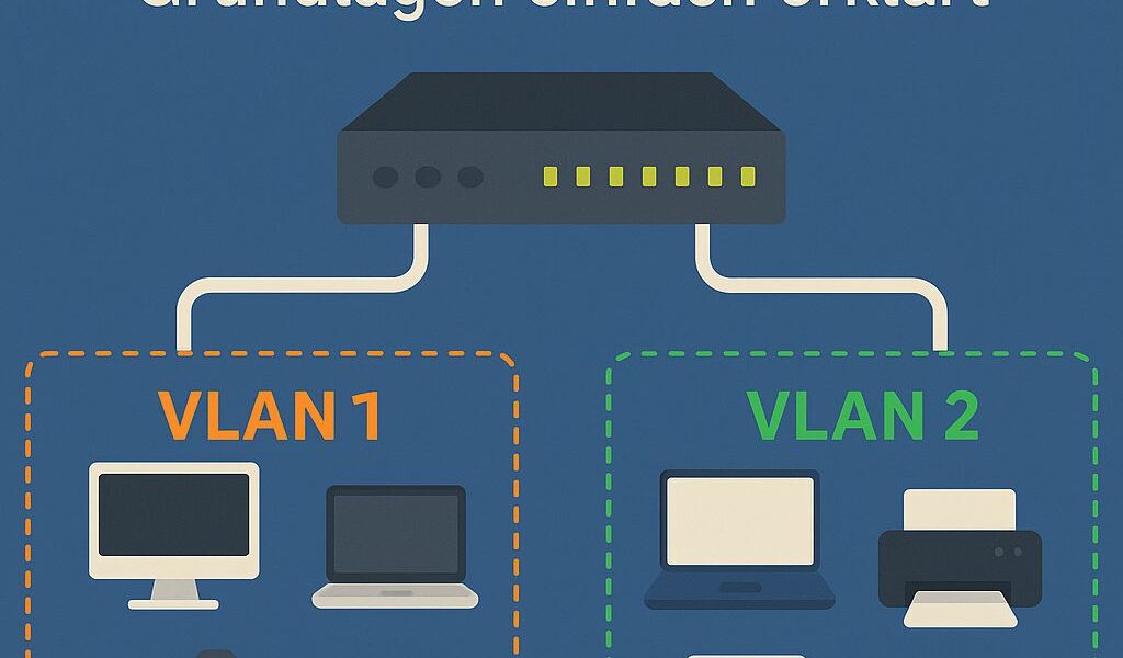 Netzwerkdiagramm zeigt VLAN 1 und VLAN 2 mit getrennten Geräten an einem Switch