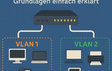 Netzwerkdiagramm zeigt VLAN 1 und VLAN 2 mit getrennten Geräten an einem Switch
