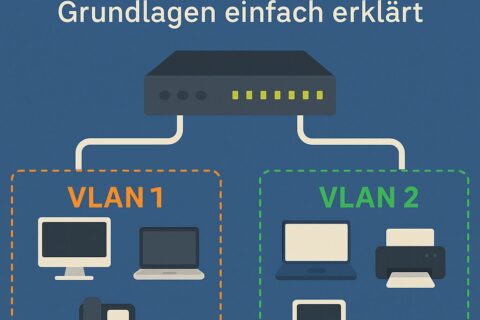 Netzwerkdiagramm zeigt VLAN 1 und VLAN 2 mit getrennten Geräten an einem Switch