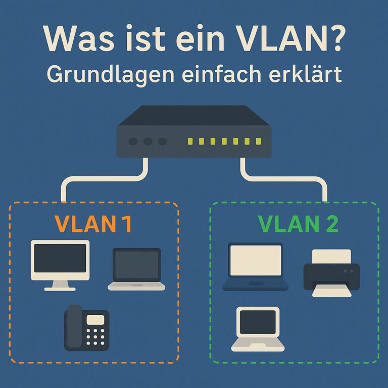 Netzwerkdiagramm zeigt VLAN 1 und VLAN 2 mit getrennten Geräten an einem Switch