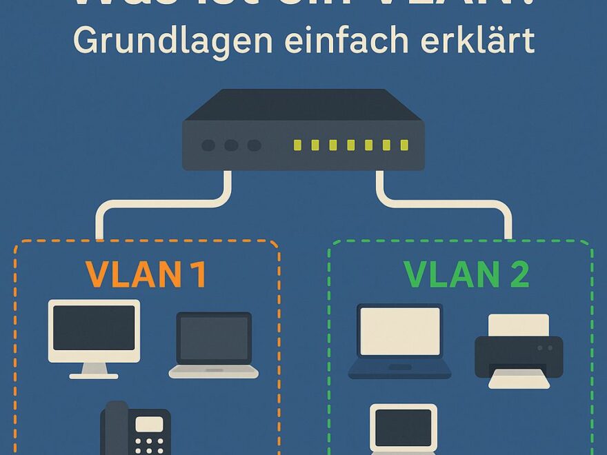 Netzwerkdiagramm zeigt VLAN 1 und VLAN 2 mit getrennten Geräten an einem Switch