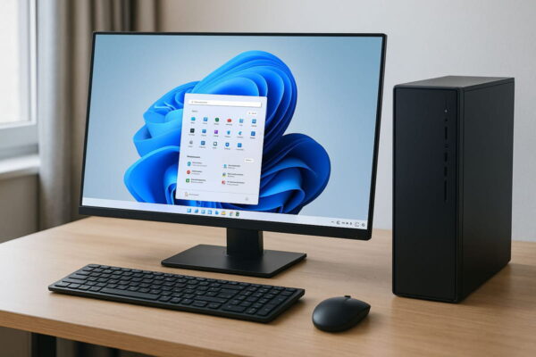 Moderner PC mit Windows 11 Windows 11 PC mit modernem Desktop und stilvollem Setup