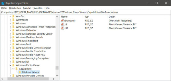 Windows Fotoanzeige über Registry aktivieren – Screenshot des Registrierungs-Editors mit Datei-Zuweisungen