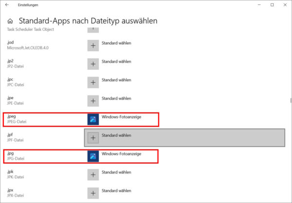 Windows Fotoanzeige als Standard-App für JPEG und JPG-Dateien festlegen – Screenshot der Windows-Einstellungen
