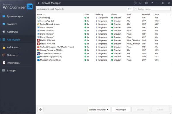 Firewall Manager in Ashampoo WinOptimizer 28 mit Übersicht aktiver Programme und Verbindungsregeln