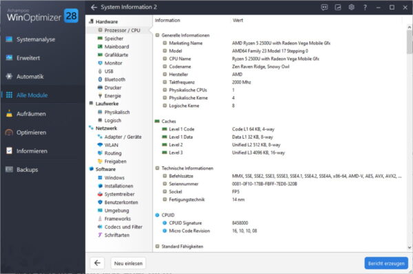 Systeminformationen in Ashampoo WinOptimizer 28 mit Hardwaredaten zu CPU, RAM, Mainboard und mehr