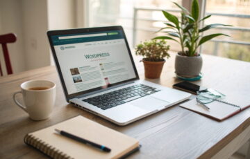 Arbeitsplatz mit Laptop und WordPress-Oberfläche – ideal zum Blog starten